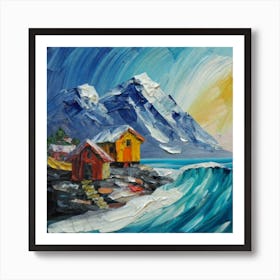 Acrylic and impasto pattern, mountain village, sea waves, log cabin, high definition, detailed geometric 5 Art Print