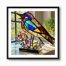 Bird In Nature Common Loon - colorful stained glass bird sculpture, illuminated by natural sunlight, sits on a windowsill. The vibrant colors of the glass pieces cast a beautiful array of hues across the surrounding area. Art Print