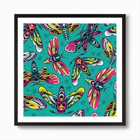 Vintage Colorful Insects Seamless Pattern Art Print