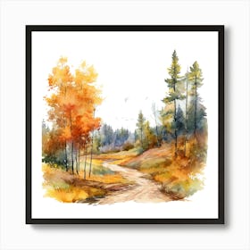 Watercolor Autumn Forest Road 1 Art Print