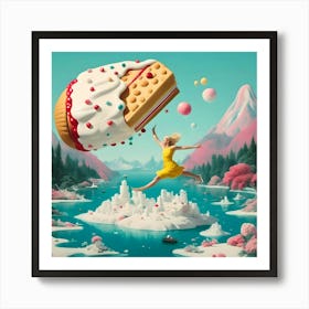 Girl Flying Over A Cake Art Print