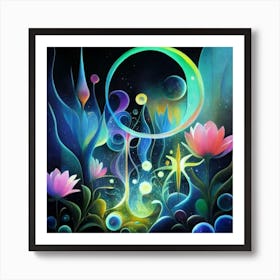 Abstract oil painting: Water flowers in a night garden 4 Art Print