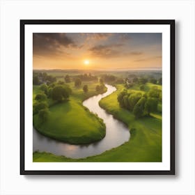 A Scenic Countryside Landscape With Green Meadows, Blooming Trees, And A Winding River Art Print