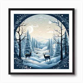 Winter Landscape With Deer 2 Art Print