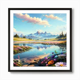 Mountain Landscape With Flowers Art Print