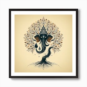 "Rooted in Divinity: Ganesha's Tree of Life" - This artwork blends the powerful image of Lord Ganesha with the universal symbol of the Tree of Life. Rendered in earthy tones and delicate details, Ganesha emerges from the roots, embodying strength, wisdom, and the grounding force of nature. The leaves adorned with spiritual motifs signify life's manifold aspects nurtured by his guidance. This piece serves as a profound reminder of Ganesha's role in growth and stability, perfect for spaces seeking a touch of sacred serenity and natural harmony. Art Print