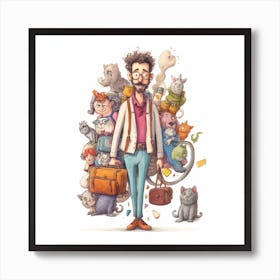 Man With Cats Art Print