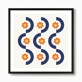 Geometric and Flower Pattern I in Navy Blue and Orange, Nostalgia Garden Shower Abstract 1 Art Print