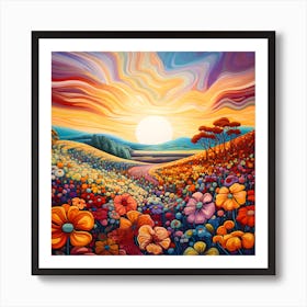 Sunset In The Field Of Flowers Art Print