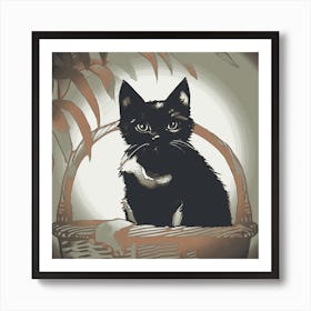 Cat Sat In A Basket Retro 2 Art Print
