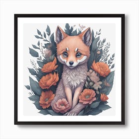 Cute Floral Wolf (1) Art Print