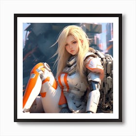 3d Dslr Photography A Woman With Long Blonde Hair Sitting On The Ground, Cyberpunk Art, By Krenz Cushart, Wears A Suit Of Power Armor, Closeup Character Portrait, Cute Detailed Digital Art, Artgerm And Lois V (3) Art Print