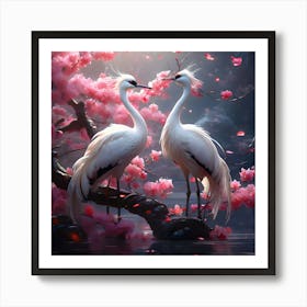 Two Cranes In Cherry Blossoms 1 Art Print