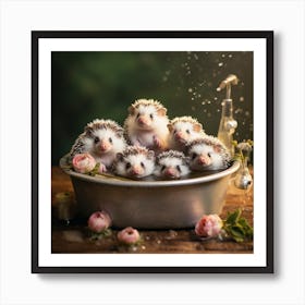 Baby Girl Hedgehogs Bath Art Print