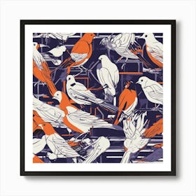 Drew Illustration Of Bird On Chair In Bright Colors, Vector Ilustracije, In The Style Of Dark Navy A Art Print