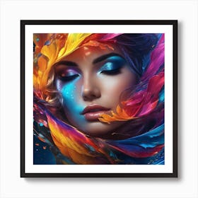 Beautiful Woman With Colorful Feathers Art Print