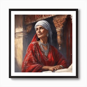 Old Arab woman wearing a red Moroccan Caftan and a beautiful silver necklace Art Print