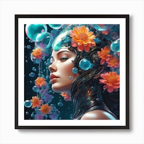 Woman With Flowers And Bubbles Art Print