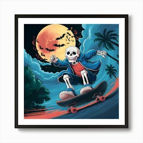 A Cartoon Skeleton Skateboarding At Night Art Print