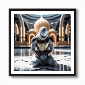 A 3d Dslr Photography Muslim Wearing Futuristic Digital Armor Suit , Praying Towards Masjid Al Haram, House Of God Award Winning Photography From The Year 8045 Qled Quality Designed By Apple(2) Art Print