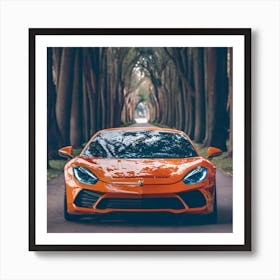 Orange Sports Car In The Forest Art Print