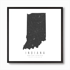 Indiana Mono Black And White Modern Minimal Street Map Square Art Print