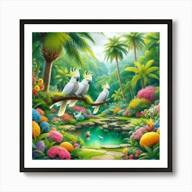 Two Cockatoos In The Garden Art Print