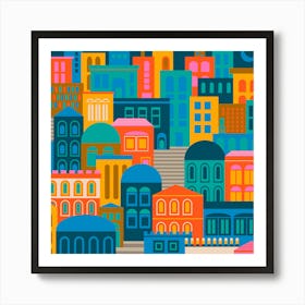 CITY LIGHTS AT NIGHT Vintage Travel Poster Square Layout with Geometric Architecture Buildings in Bright Rainbow Colours Orange Yellow Pink Green Blue Brown Cream on Dark Navy Blue Art Print