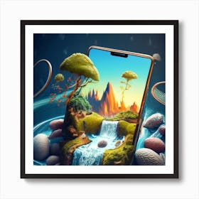 Samsung Galaxy S10 A smartphone whose screen displays a miniature view of a waterfall. Art Print