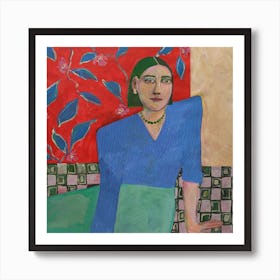 A woman in a blue sweater in the garden Art Print