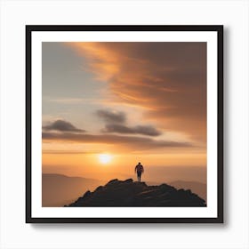 Man Standing On Top Of Mountain At Sunset Art Print