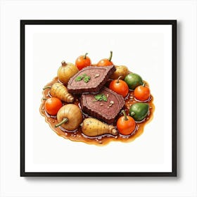 A Vibrant Watercolor Painting Of A Classic Beef Stew With Hearty Root Vegetables Art Print