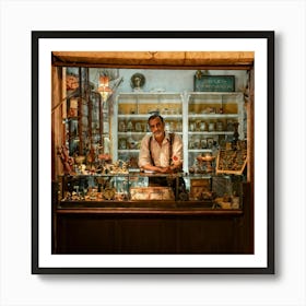 Spanish Man In Vintage Attire Standing In A Shop With 50s Decor Peering Curiously At A Display Of Art Print