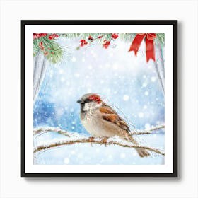 Winter Sparrow Adorned In Festive Attire Perched On A Frost Coated Branch Surrounded By Delicate S Art Print