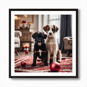 Christmas Dogs In The Living Room Art Print