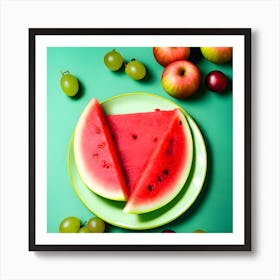 Watermelon Green Grapes Green And Red Apples On A Plate And A Calm Background (1) (1) Art Print