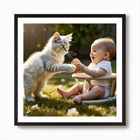 Baby And Cat Art Print