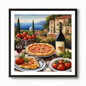 Tuscany- A Mediterranean feast is laid out with a pizza, glass of red wine, a bottle, and fresh tomatoes Art Print