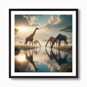 Giraffes At The Waterhole Art Print