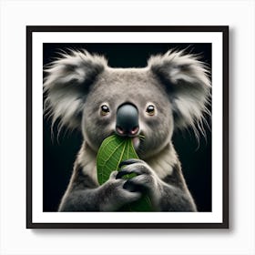 Cute Koala chewing on leaf portrait isolated on black background 2 Art Print