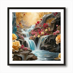 Waterfall With Roses 4 Art Print