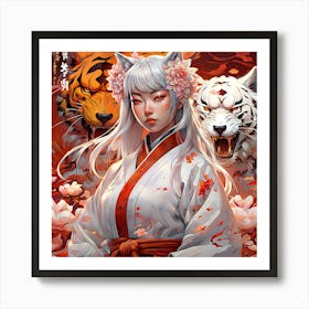 Mythical Tapestry: Samurai Girl and Tigers Art Print