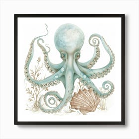 Storybook Style Octopus With Shells  2 Art Print