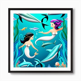 Fantasy Art: Mermaids Underwater Swimming With Dolphins Art Print