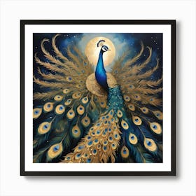 This masterpiece of Thai art captures the beauty of Thailand's nature in its unique style. Featuring a large peacock with vibrant plumage against a night sky background, adorned with traditional Thai patterns and intricate feather details, the artwork boasts rich colors and cultural symbolism. The serene atmosphere and mystical presence are enhanced by the use of gold and jewel tones, creating a mesmerizing piece that celebrates both the natural and cultural richness of Thailand. Art Print