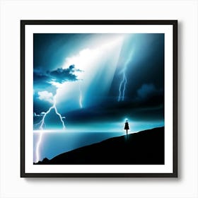 Lightning streaks coming down to the water  Art Print