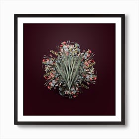 Vintage Stinking Iris Flower Wreath on Wine Red n.2672 Art Print