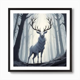 A White Stag In A Fog Forest In Minimalist Style Square Composition 46 Art Print