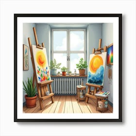 Art Studio Interior In Watercolor, With Easels And Colorful Paint Palettes 1 Art Print