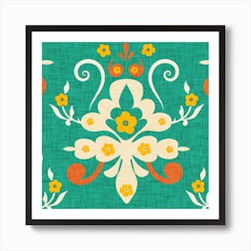 Floral Damask Teal Square Affiche